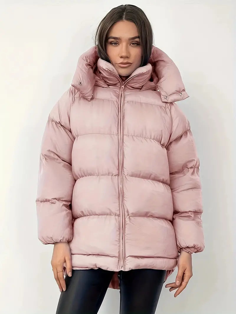 Elegante schwarze Kapuzen-Pufferjacke für Frauen - dicker, warmer Wintermantel