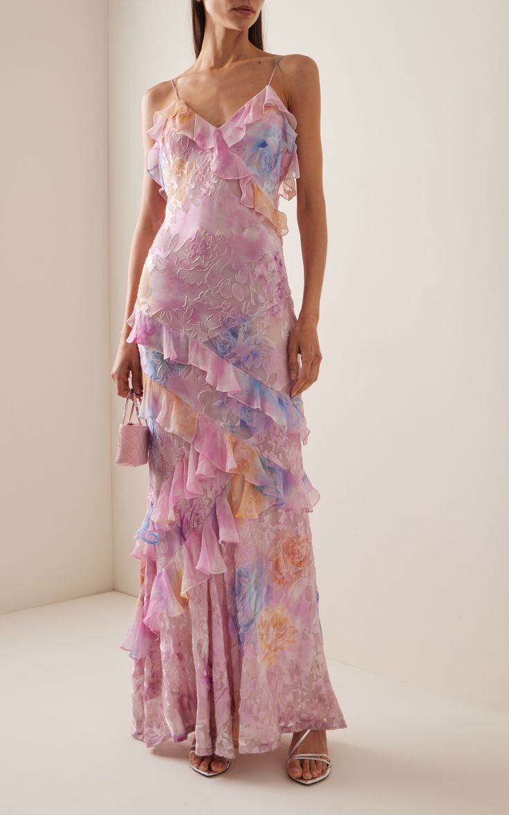 Damen Elegantes Pastellfarbenes Rüschen-Hochzeitsgastkleid | Maxi