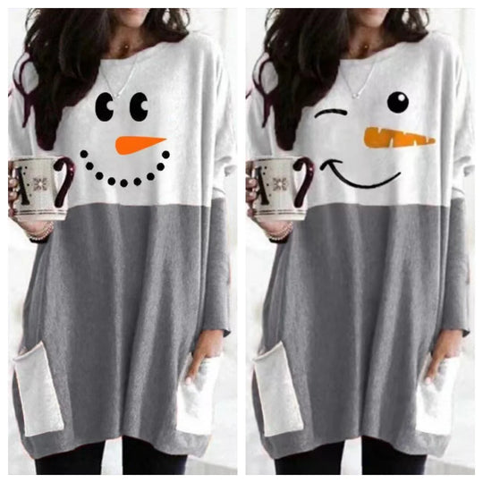 Schneemann-Druck Lang Weihnachtspullover Damen | Fronttaschen