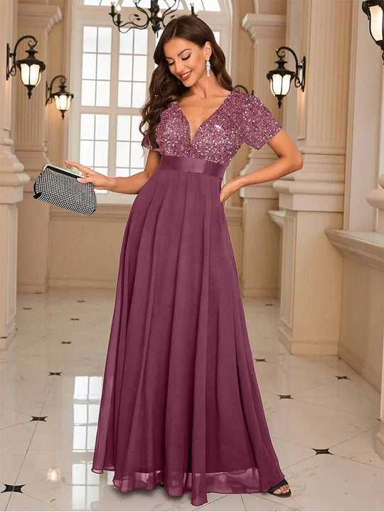 V-Ausschnitt Pailletten Ausgestellt Weihnachtskleid damen | Maxi