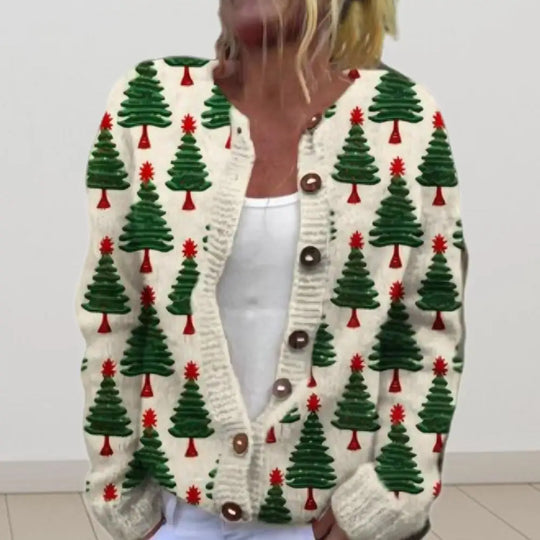 Festlicher 3D-Druck zum Aufknöpfen Weihnachtsstrickjacke Damen | Gestrickt