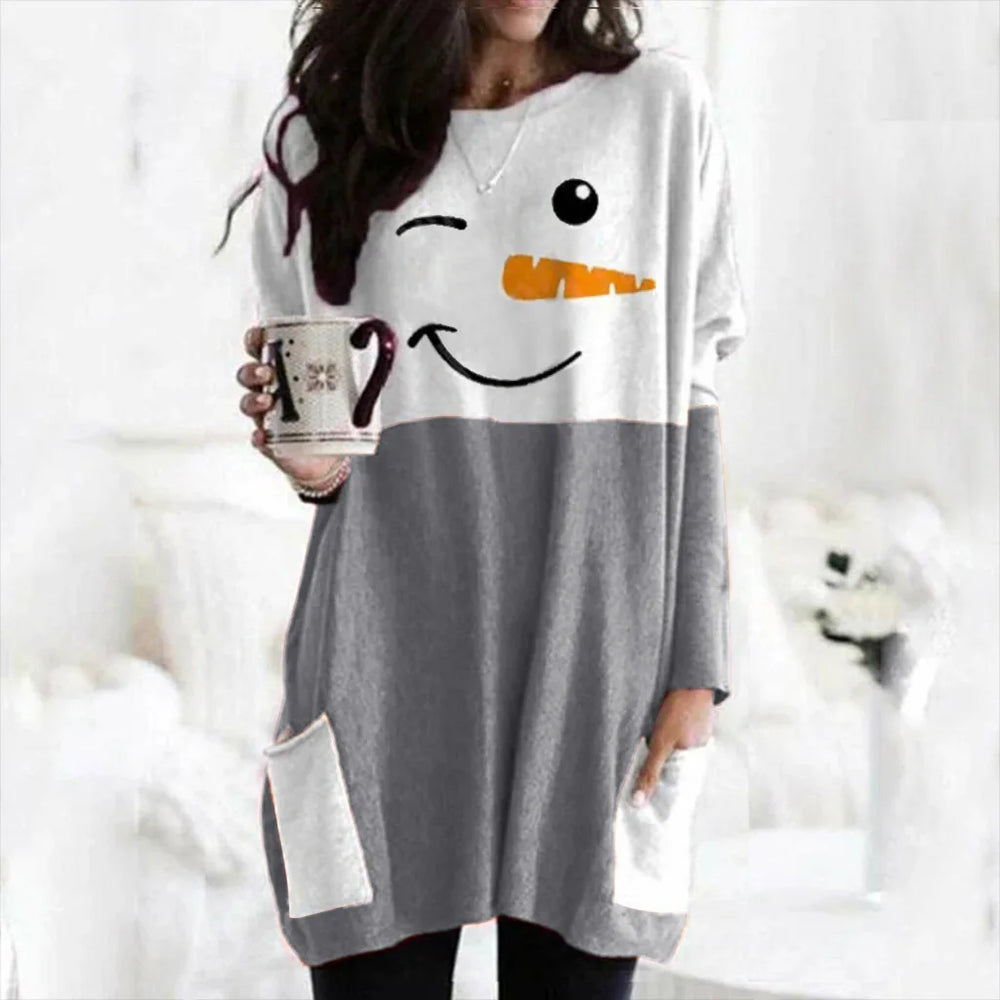 Schneemann-Druck Lang Weihnachtspullover Damen | Fronttaschen