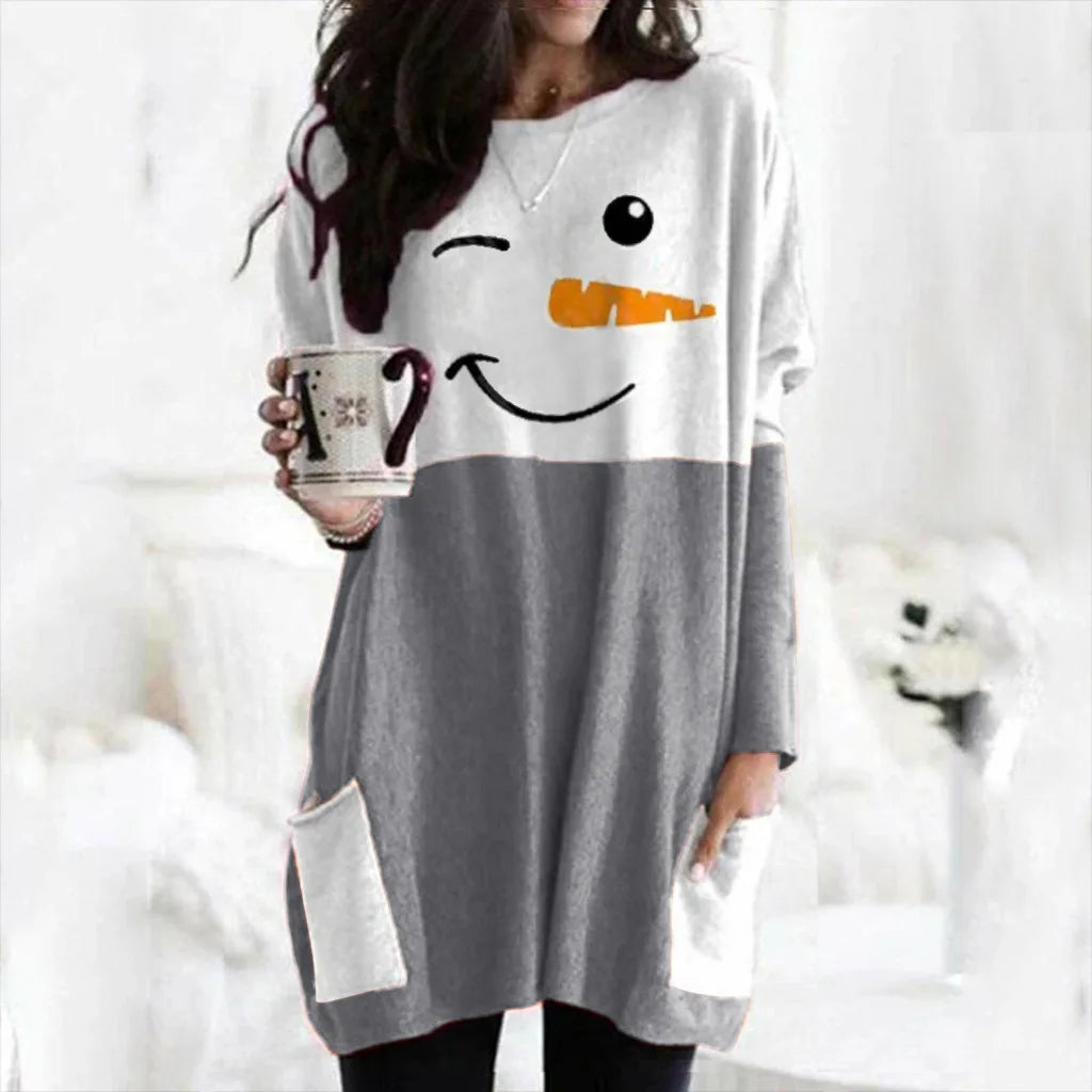 Schneemann-Druck Lang Weihnachtspullover Damen | Fronttaschen