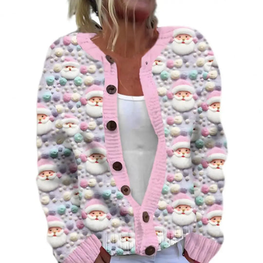Festlicher 3D-Druck zum Aufknöpfen Weihnachtsstrickjacke Damen | Gestrickt