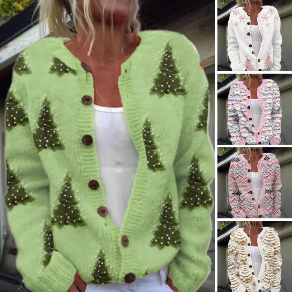 Festlicher 3D-Druck zum Aufknöpfen Weihnachtsstrickjacke Damen | Gestrickt