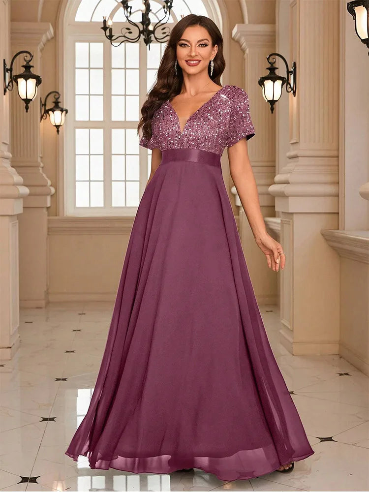 V-Ausschnitt Pailletten Ausgestellt Weihnachtskleid damen | Maxi