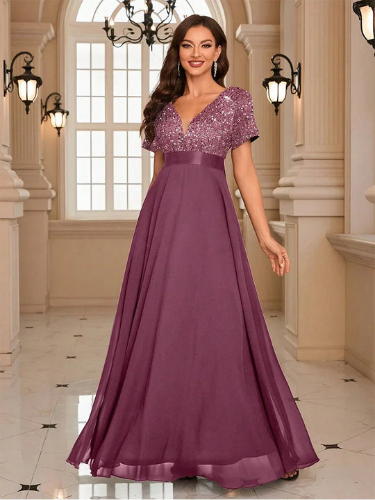 V-Ausschnitt Pailletten Ausgestellt Weihnachtskleid damen | Maxi