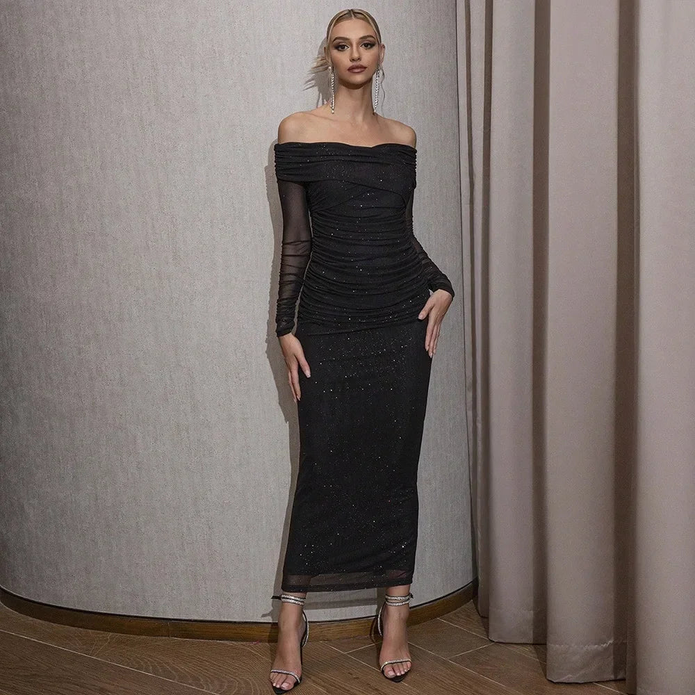 Off-Shoulder Langarmkleid für Damen | Maxi