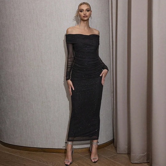 Off-Shoulder Langarmkleid für Damen | Maxi