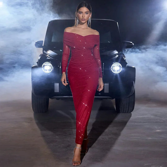 Off-Shoulder Langarmkleid für Damen | Maxi