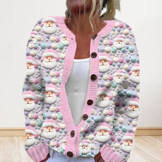 Festlicher 3D-Druck zum Aufknöpfen Weihnachtsstrickjacke Damen | Gestrickt