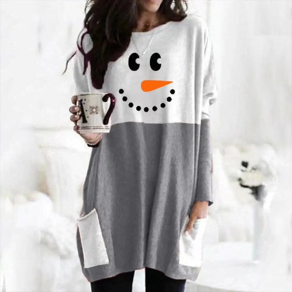 Schneemann-Druck Lang Weihnachtspullover Damen | Fronttaschen