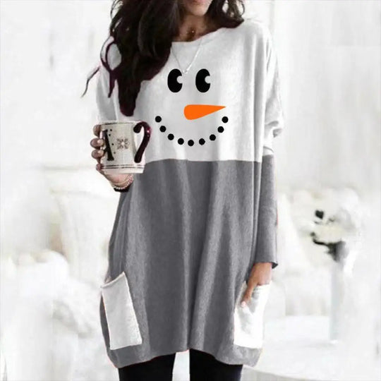 Schneemann-Druck Lang Weihnachtspullover Damen | Fronttaschen