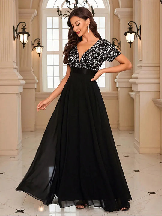 V-Ausschnitt Pailletten Ausgestellt Weihnachtskleid damen | Maxi