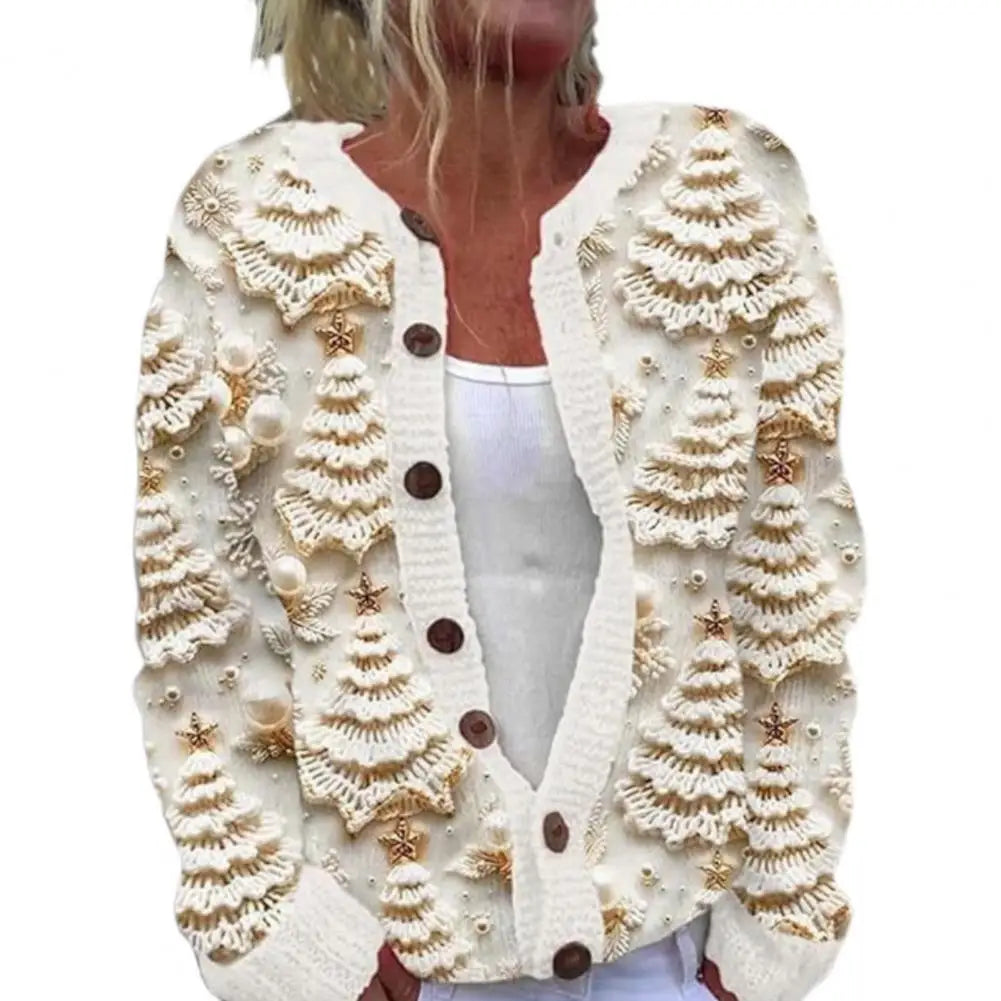 Festlicher 3D-Druck zum Aufknöpfen Weihnachtsstrickjacke Damen | Gestrickt