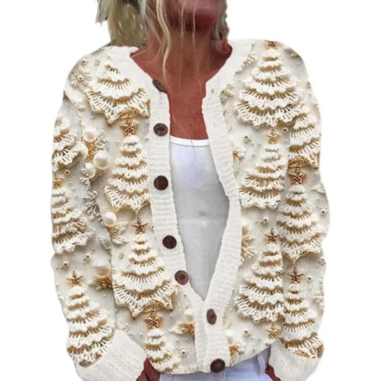 Festlicher 3D-Druck zum Aufknöpfen Weihnachtsstrickjacke Damen | Gestrickt