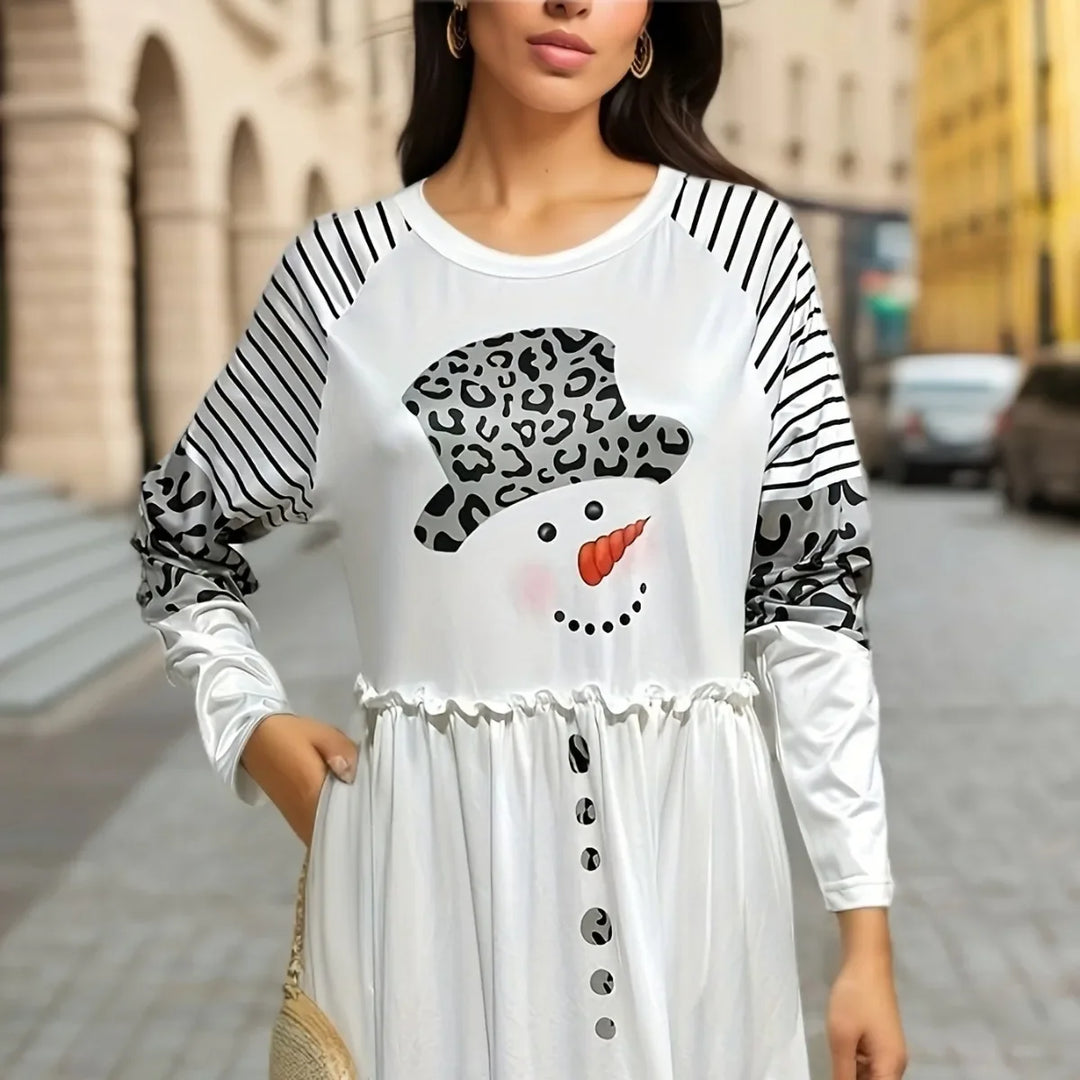 Langarm-Urlaubsstreifen Weihnachtskleid damen mit Leopardenmuster | Midi