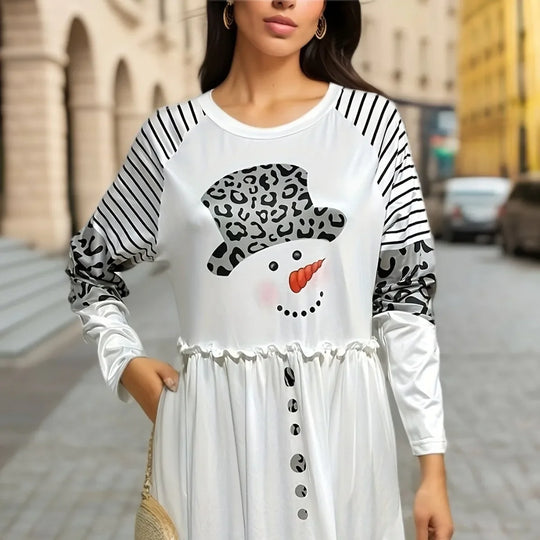 Langarm-Urlaubsstreifen Weihnachtskleid damen mit Leopardenmuster | Midi