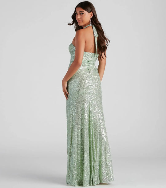 Damen Neckholder Pailletten Ballkleid | Maxi