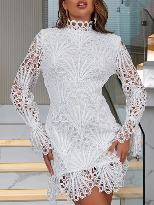 Kleid mit hohem Kragen und Spitze für Damen | Midi