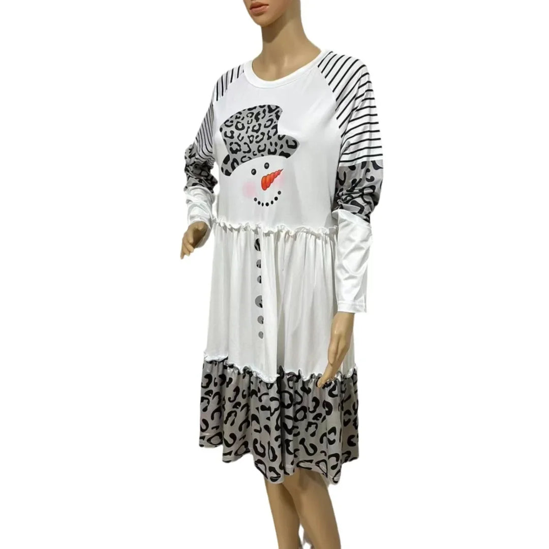 Langarm-Urlaubsstreifen Weihnachtskleid damen mit Leopardenmuster | Midi