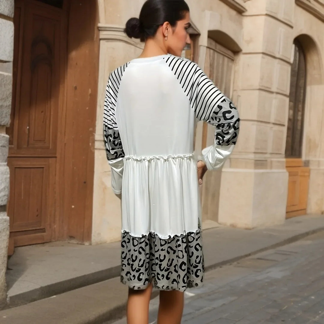 Langarm-Urlaubsstreifen Weihnachtskleid damen mit Leopardenmuster | Midi