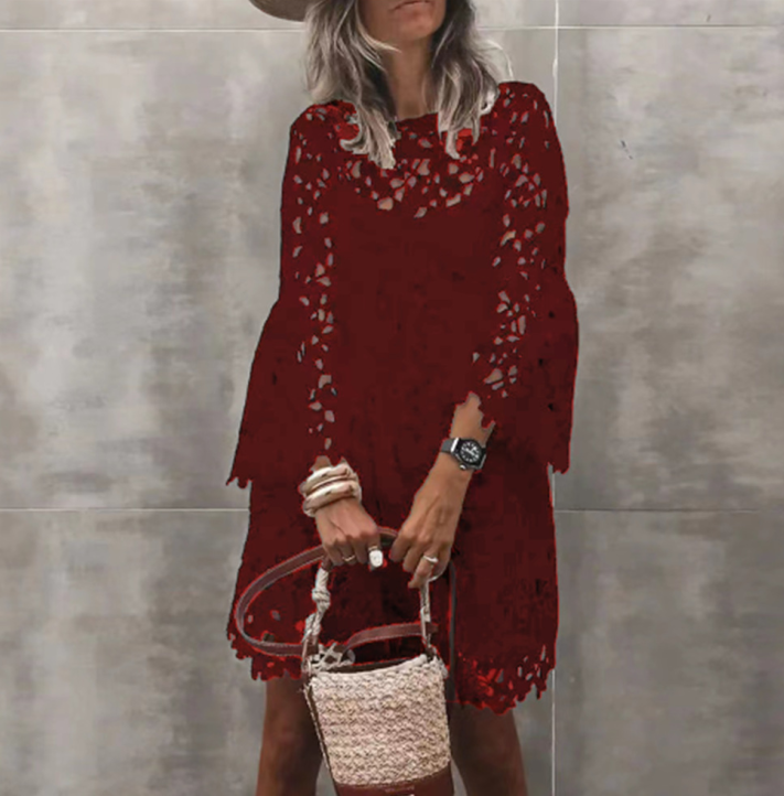 Kleid mit hohem Kragen und Spitze für Damen | Midi