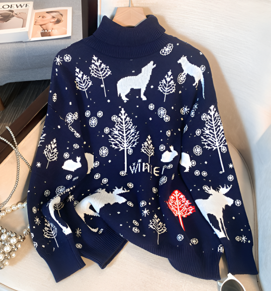 Rollkragen-Winter Weihnachtspullover Damen mit Rentier und Schneeflocken-Design | Strick