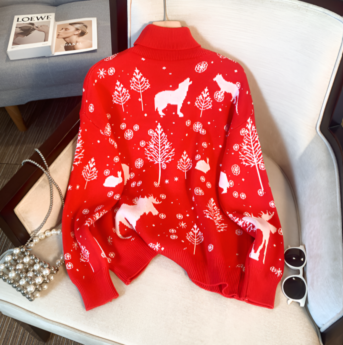 Rollkragen-Winter Weihnachtspullover Damen mit Rentier und Schneeflocken-Design | Strick