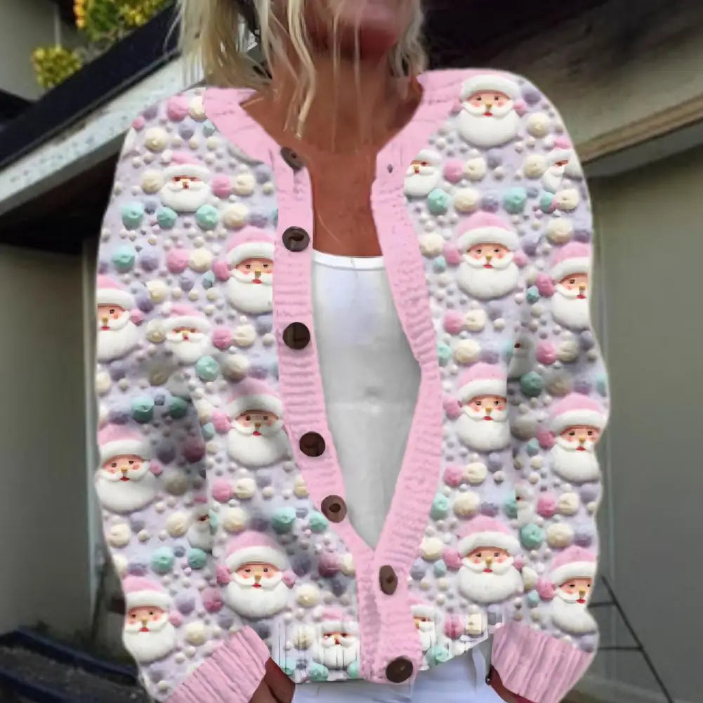 Festlicher 3D-Druck zum Aufknöpfen Weihnachtsstrickjacke Damen | Gestrickt