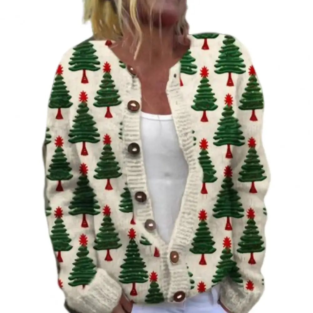 Festlicher 3D-Druck zum Aufknöpfen Weihnachtsstrickjacke Damen | Gestrickt