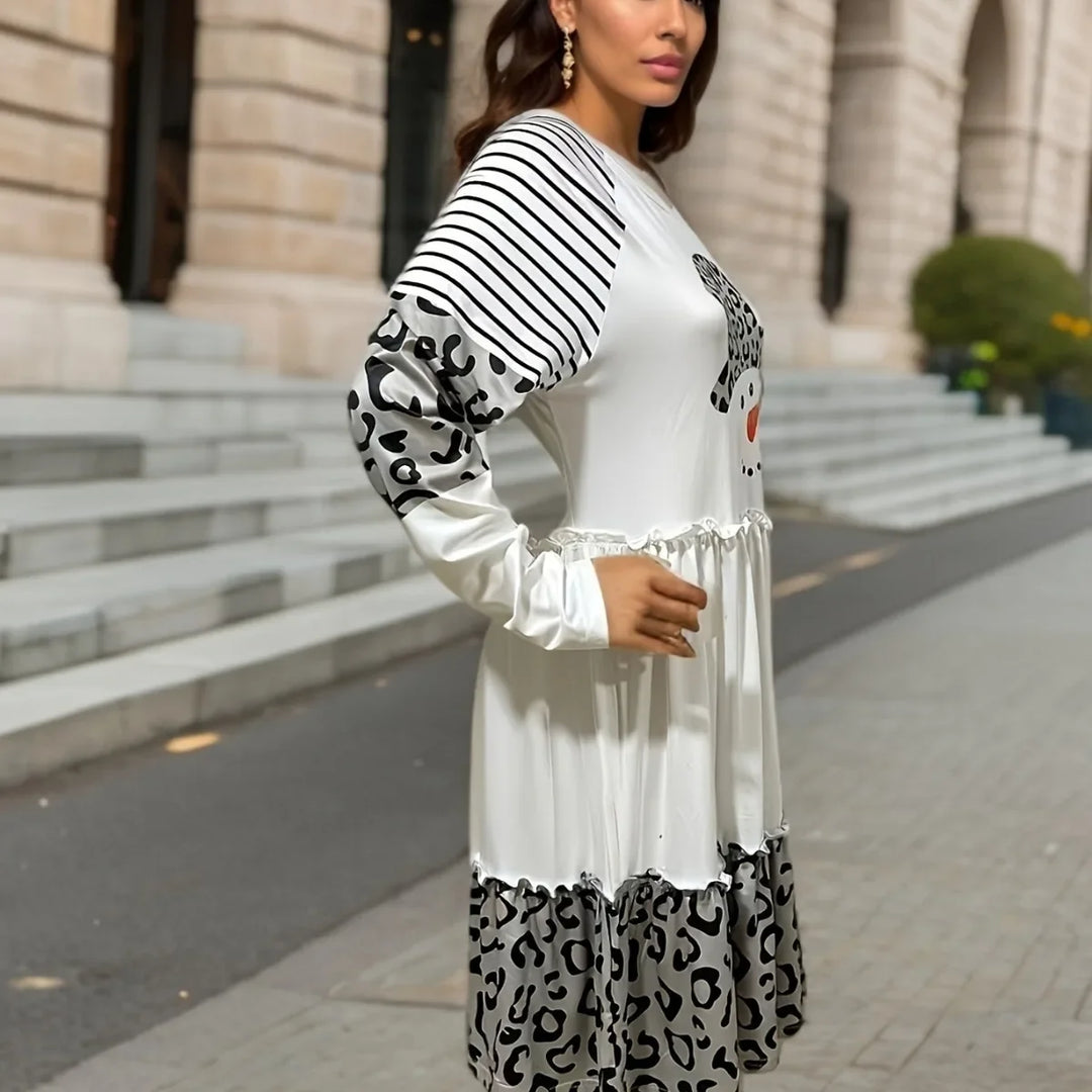 Langarm-Urlaubsstreifen Weihnachtskleid damen mit Leopardenmuster | Midi