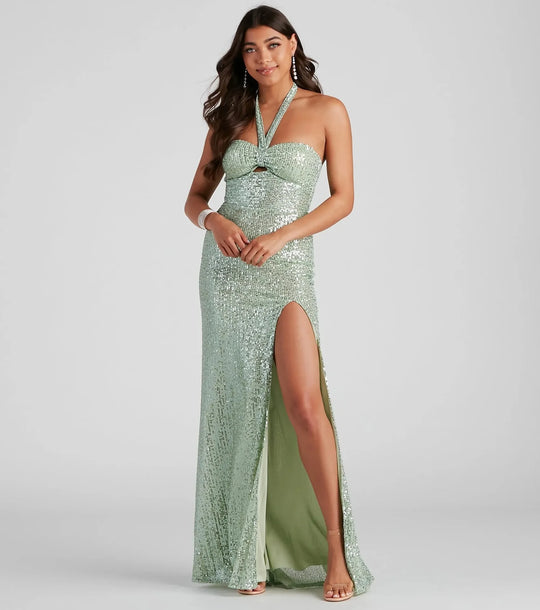 Damen Neckholder Pailletten Ballkleid | Maxi