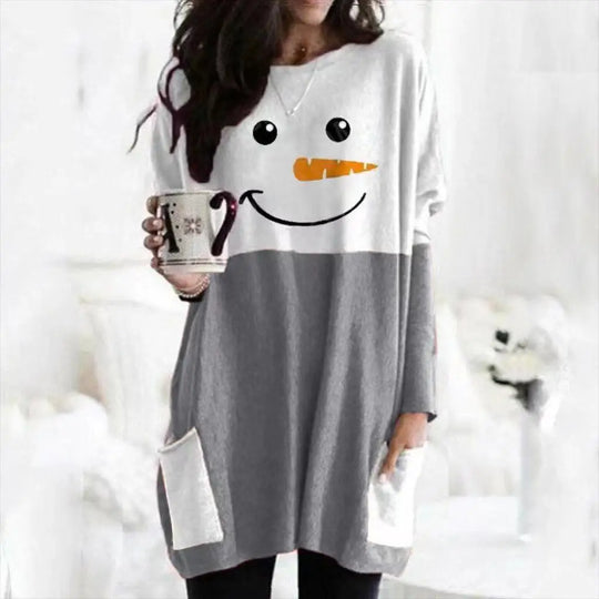 Schneemann-Druck Lang Weihnachtspullover Damen | Fronttaschen