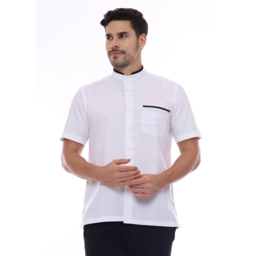 Herren Sommer Kurzarmhemd mit Tasche & Kontrastkragen – Baumwolle-Leinen-Mix