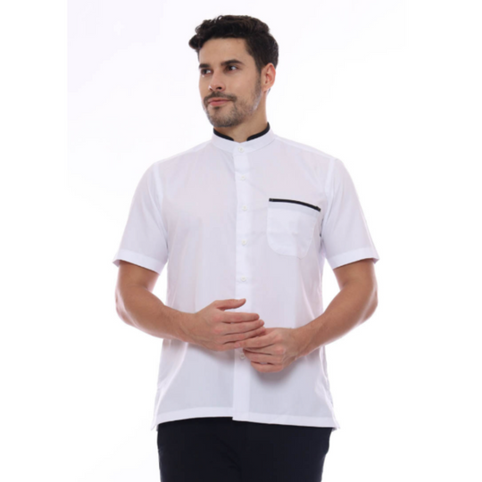 Herren Sommer Kurzarmhemd mit Tasche & Kontrastkragen – Baumwolle-Leinen-Mix