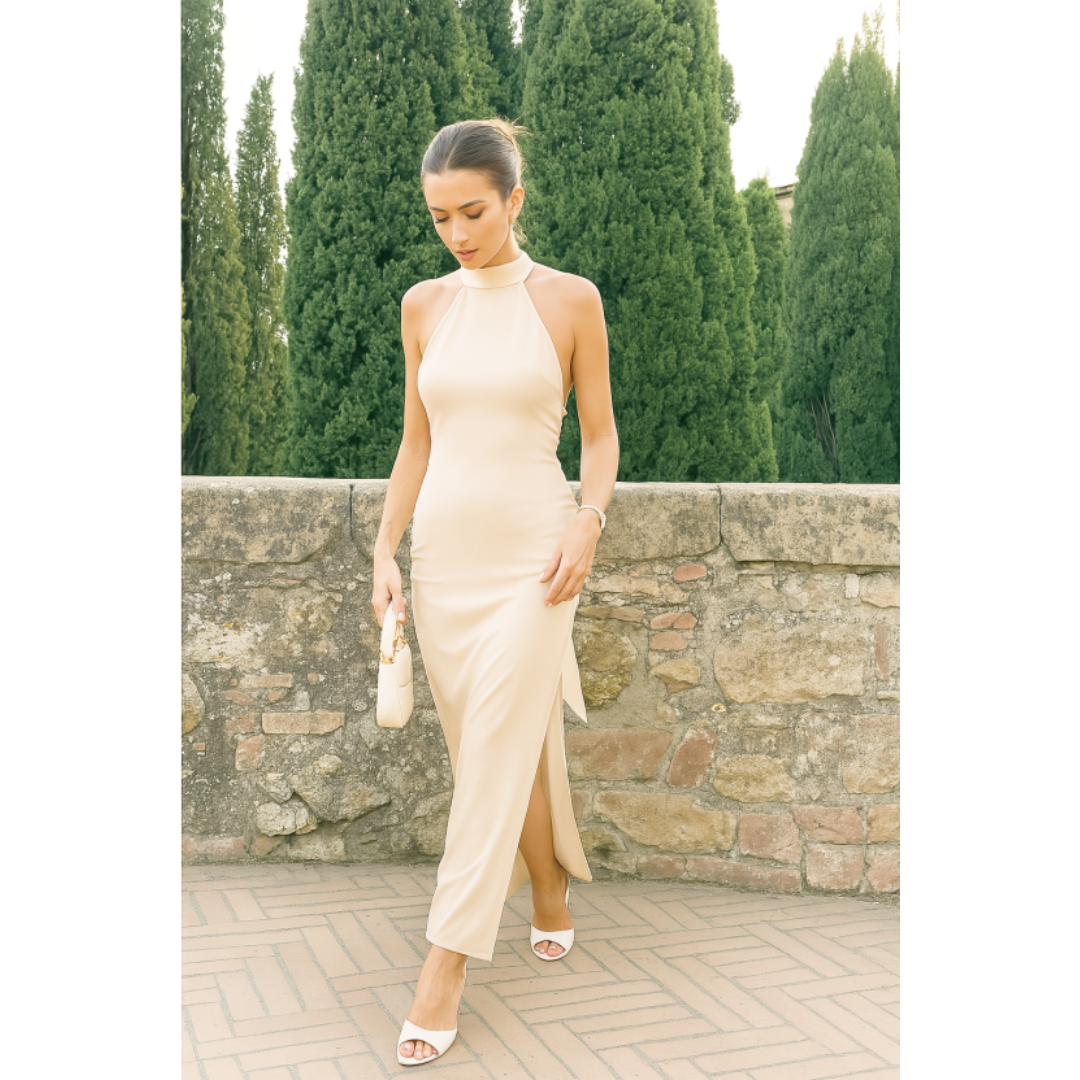 Damen Neckholder Hochzeit Gast rückenfreies Kleid | Maxi