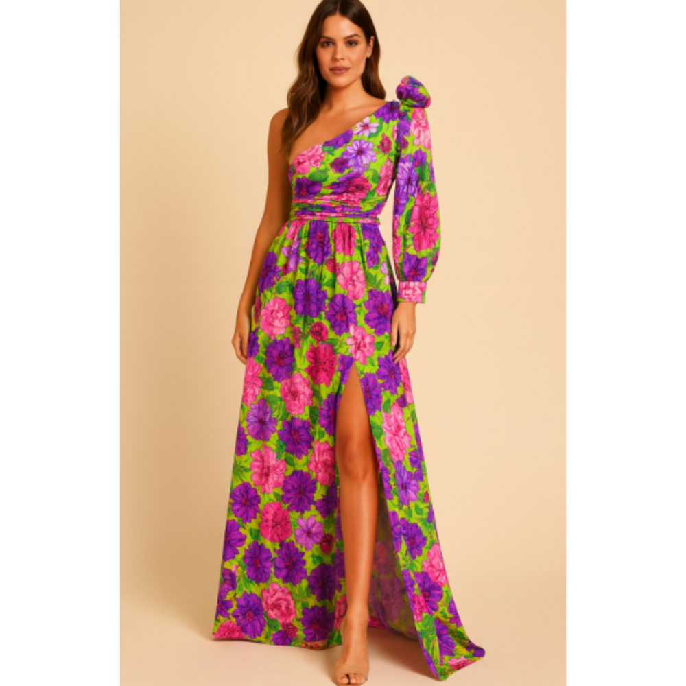 Damen Ein-Schulter-Blumen-Hochzeitsgastkleid | Maxi