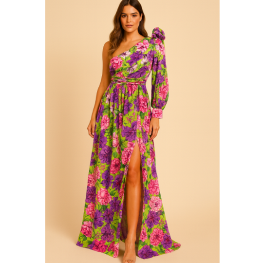 Damen Ein-Schulter-Blumen-Hochzeitsgastkleid | Maxi