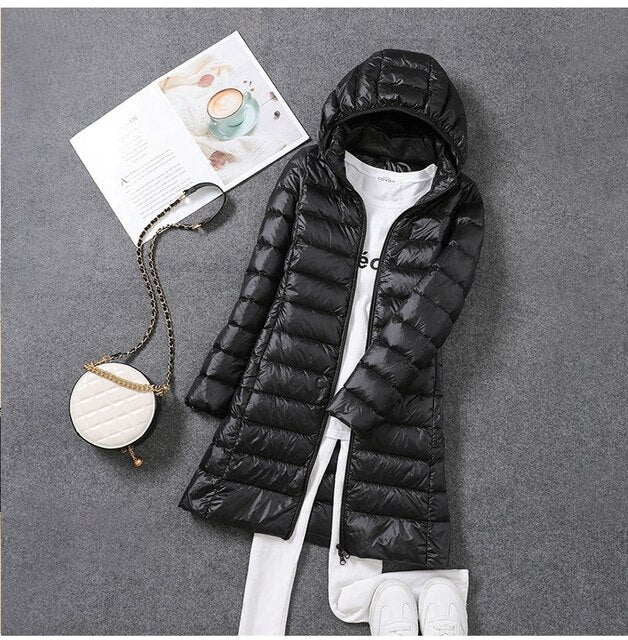 Damen Lange Pufferjacke mit Kapuze | Reißverschluss