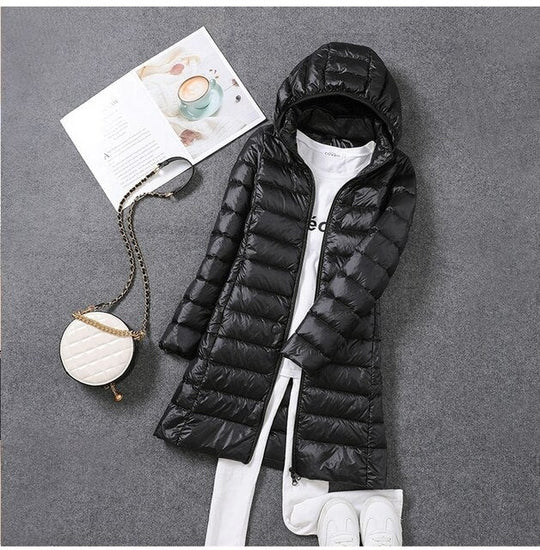 Damen Lange Pufferjacke mit Kapuze | Reißverschluss