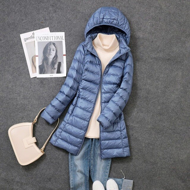 Damen Lange Pufferjacke mit Kapuze | Reißverschluss
