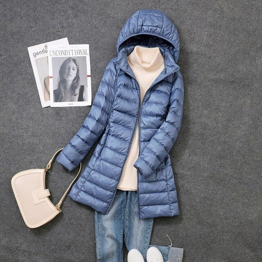 Damen Lange Pufferjacke mit Kapuze | Reißverschluss
