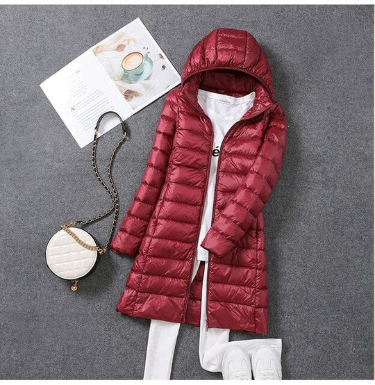 Damen Lange Pufferjacke mit Kapuze | Reißverschluss