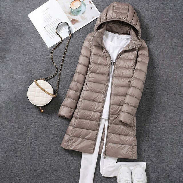 Damen Lange Pufferjacke mit Kapuze | Reißverschluss