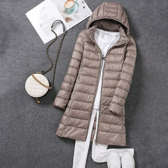 Damen Lange Pufferjacke mit Kapuze | Reißverschluss
