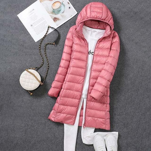 Damen Lange Pufferjacke mit Kapuze | Reißverschluss