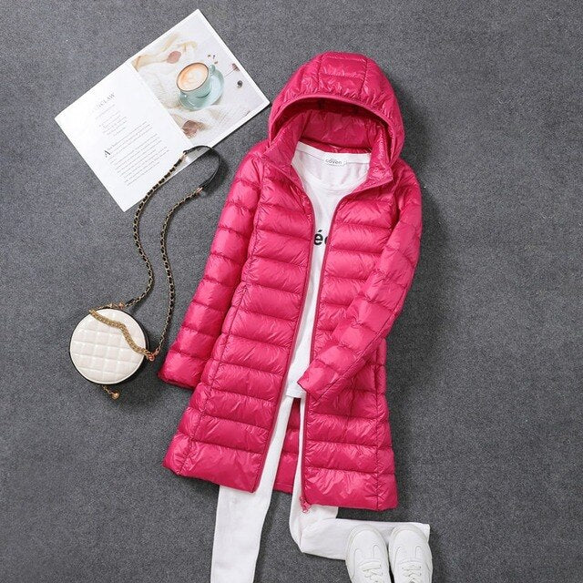 Damen Lange Pufferjacke mit Kapuze | Reißverschluss