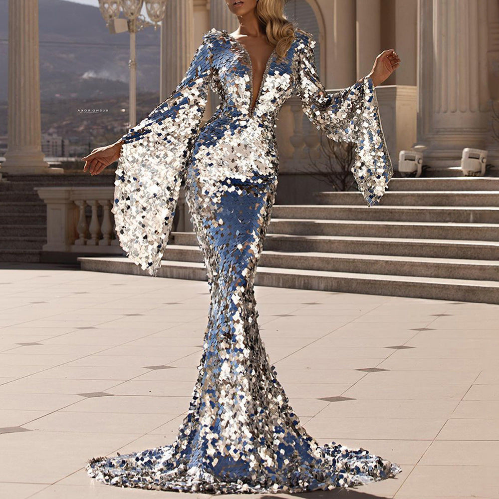 Damen Meerjungfrau Silber Paillettenkleid | Maxi