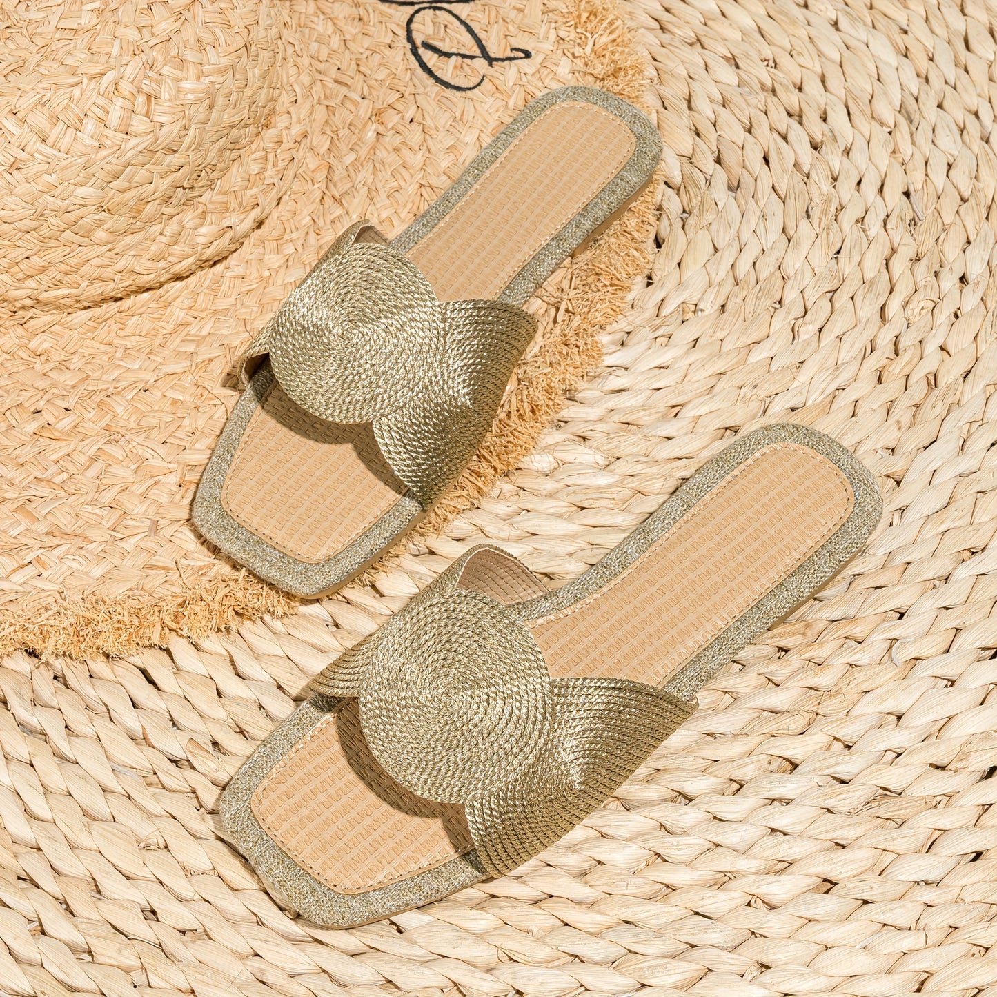 Gewebte Flache Slip-On Schuhe mit Geometrischer Stickerei, TPR-Sohle, Apricot